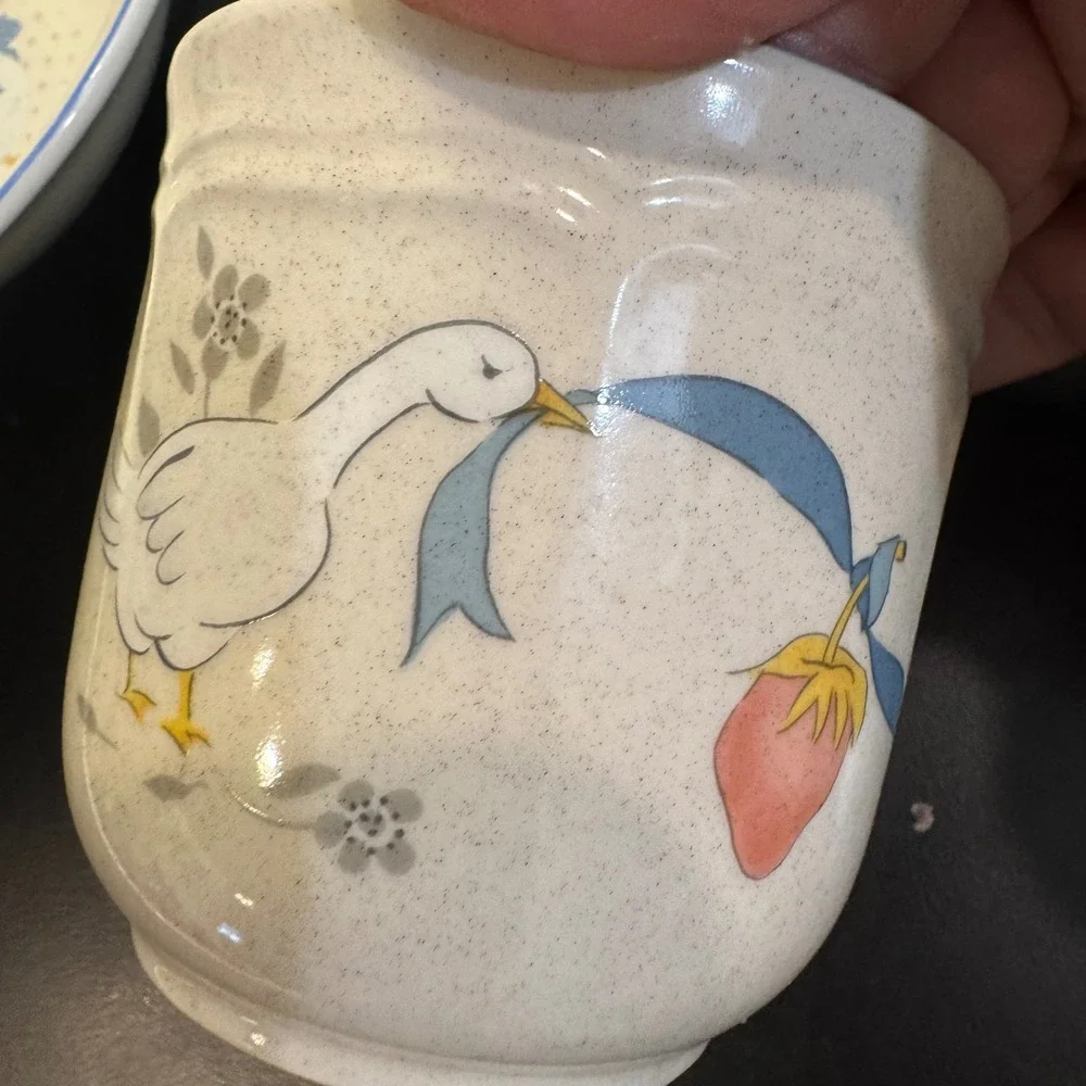 International China Stoneware Set 7pc Cream Country Geese Blue Bow Farmhouse